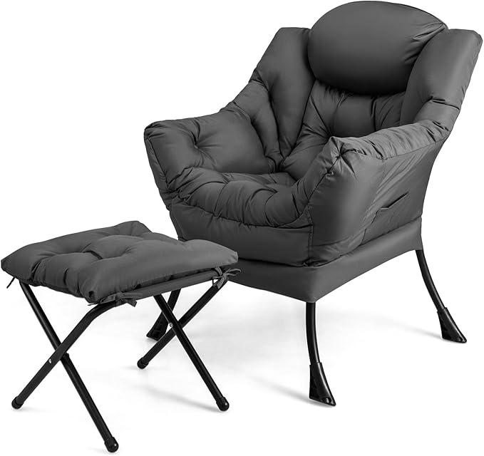 KOMFOTT Lazy Chair with Ottoman Leisure Upholstered Reading Sofa Chair with Armrests &amp Side Pocket Modern Lounge Accent Chair with Folding Footrest for Living Room Bedroom Balcony Grey