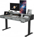 CubiCubi Standing Desk 55x26 Inches with 3 Wood Drawers and Monitor Shelf Ergonomic Rising Home Office Desks Height Adjustable Computer Desk Sit Stand Up Electric Workstation Table Rustic Grey