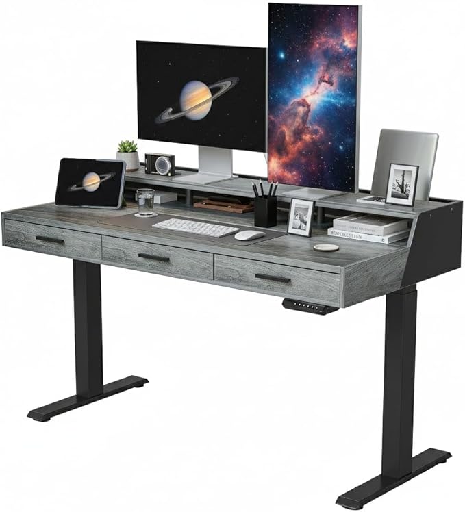CubiCubi Standing Desk 55x26 Inches with 3 Wood Drawers and Monitor Shelf Ergonomic Rising Home Office Desks Height Adjustable Computer Desk Sit Stand Up Electric Workstation Table Rustic Grey