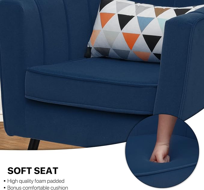 MoNiBloom Modern Accent Chair with Lumbar Pillow Mid-Century Modern Sude Single Sofa Arm Chair for Living Room Durable Upholstered Comfy Barrel Chair w/Gold Metal Legs and Wide Armrest Navy Blue