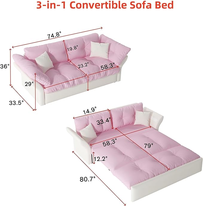74.8 Queen Pull Out Sofa Bed Luxury Velvet Convertible Sleeper Sofa Couch Futon Comfy Cloud Futon Bed Pull Out CouchesVelvet Loveseat Couch for Living Room (Pink 74.8'')