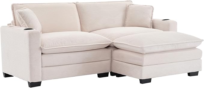 KIVENJAJA Corduroy Cloud Sectional Couch Modular Oversized Loveseat Sofa with Ottoman Cup Holders &amp USB Port Comfy 2 Seater Love Seat for Living Room Small Space 82.7”W Beige