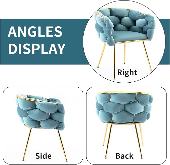 NIOIIKIT Modern Velvet Dining Chair Hand Weaving Upholstered Vanity Chair with Gold Metal Legs Leisure Single Sofa Armchair Comfy Accent Chair for Living Room Bedroom (BU1)