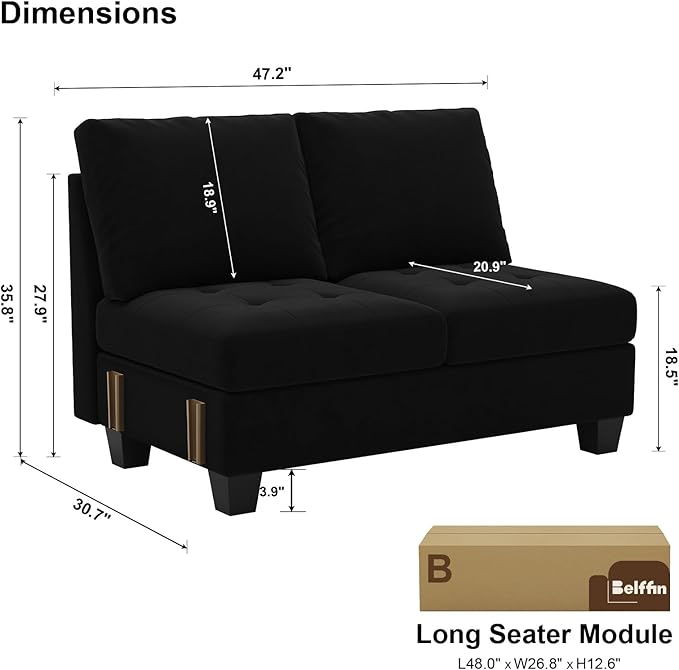 Belffin Velvet Long 2-Seat Module for Modular Sofa Sectional Couch Accent Armless 2 Seater Sofa Couch Chair Modern Fabric Black