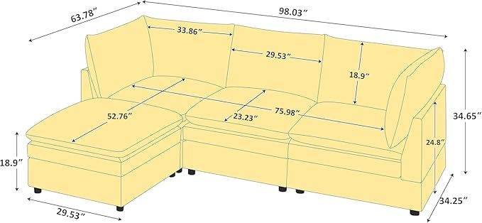 VANOMi 98 L Shape Modular Sectional Cloud Sofa Couches Convertible Sleeper Sofa with Thick Cushion Movable Ottoman for Bedroom Apartment Upholstered Comfy Living Room Sofa Set Taupe