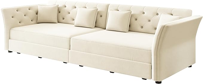 100 King Size Sleeper Sofa Bed 3-in-1 Convertible Pull Out Chesterfield Sleeper Couch Oversized Velvet Flower Button Tufted 4-Seat Sofa for Living Room Apartment (Beige White)