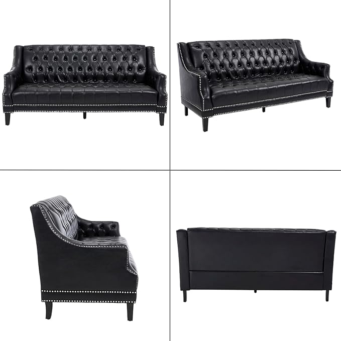chairus Mid-Century Modern 74.5 Faux Leather Sofa Tufted Upholstered 3 Seater Couch with High Back &amp Nailhead Trim Chesterfield Sofa for Living Room Bedroom Apartment Office Black PU