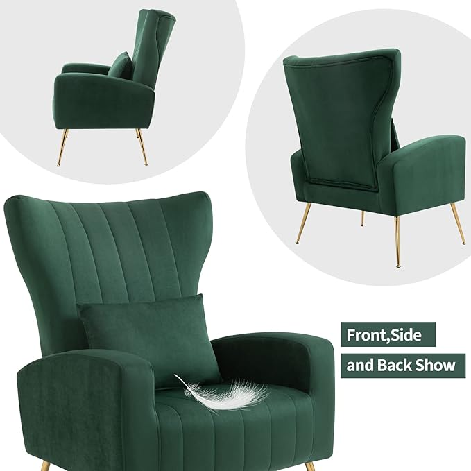 Living Room Chairs Set of 2 Modern Velvet Accent Chairs with Lumbar Pillow High Back Armchair Arm Chairs with Gold Metal Legs for Bedroom Green