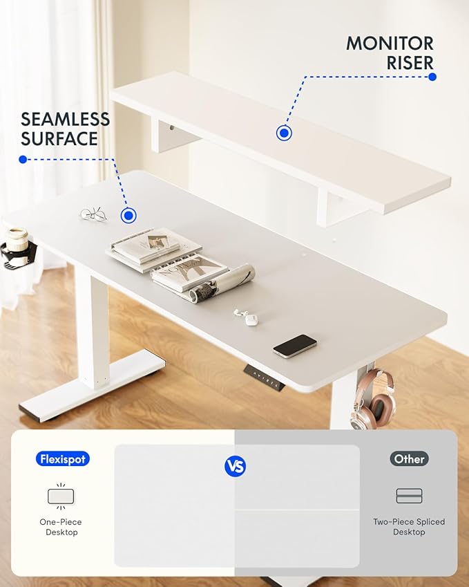 FLEXISPOT Standing Desk with Monitor Stand 55 x 24 Inches One-Piece Electric Height Adjustable Computer Desk with Cup Holder for Home Office White