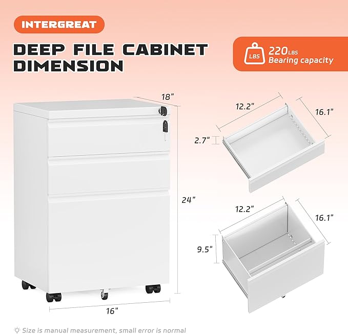 INTERGREAT 3 Drawer Mobile File Cabinet with Lock Metal Filing Cabinets for Home Office Rolling Under Desk Organizer for Letters/Legal/A4 (Fully Assembled-White)