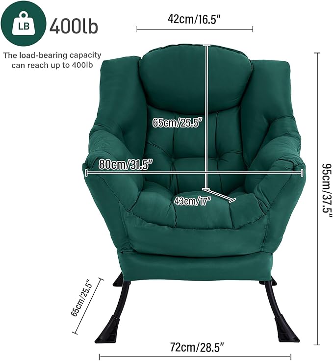 Lazy Chair Large Accent Chair Modern Comfy Armchair Dark Green Chair for Living Room Bedroom Dorm Room Office Apartment Reading Relaxing Use