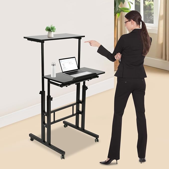 Mobile Standing Desk Adjustable Workstation with Wheels Portable Laptop Cart for Standing or Sitting (Black)