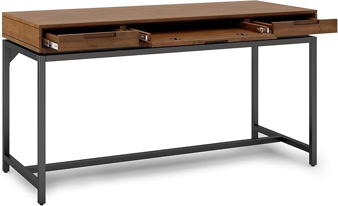 SIMPLIHOME Banting Desk - 60 Inch Wide Solid Wood and Metal Writing Desk in Medium Saddle Brown Modern Industrial Home Office Computer Table for Study with 2 Drawers and Flip-Down Keyboard Tray