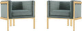 Manhattan Comfort Paramount Velvet Accent Armchair Set of 2 Polished Brass Frame with Geometric Legs Art Deco Chair 1920s Glamour Fully Assembled Living Room Lounge Seat Warm Grey