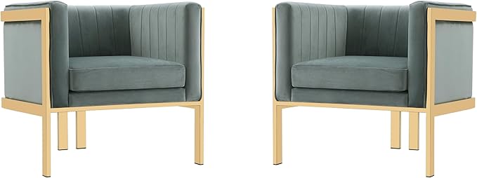 Manhattan Comfort Paramount Velvet Accent Armchair Set of 2 Polished Brass Frame with Geometric Legs Art Deco Chair 1920s Glamour Fully Assembled Living Room Lounge Seat Warm Grey