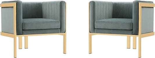 Manhattan Comfort Paramount Velvet Accent Armchair Set of 2 Polished Brass Frame with Geometric Legs Art Deco Chair 1920s Glamour Fully Assembled Living Room Lounge Seat Warm Grey