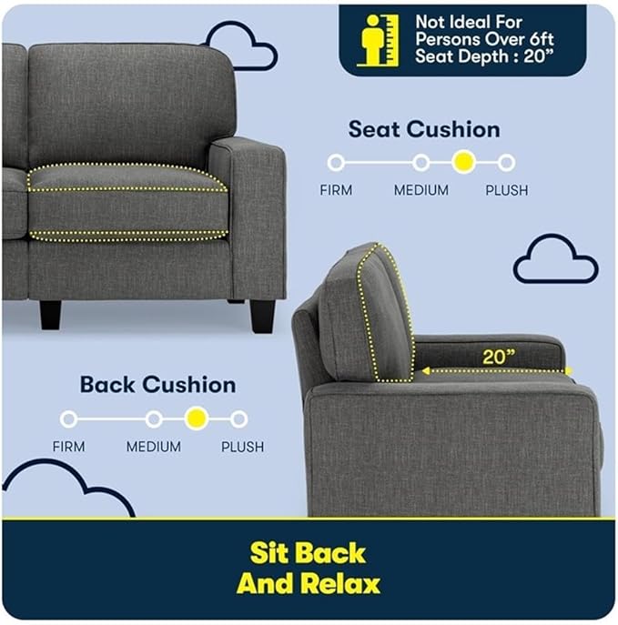 Pemberly Row 61 Track Arm Loveseat Sofa Gray Anti-Pilling Polyester Fabric Removable Covers Solid Wood Frame Compact Modern Design for Living Room or Home Office Spaces