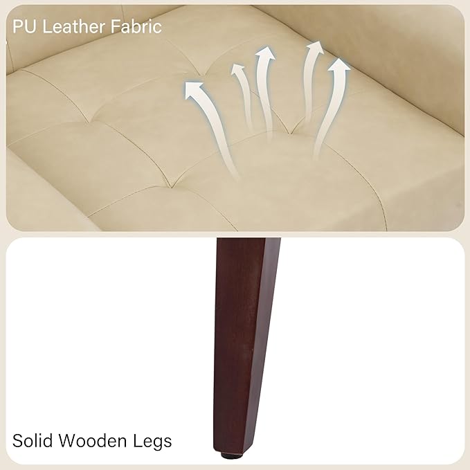 Accent Chair Comfy Mid Century Modern Small Armchairs with Solid Wood Frame and Soft Cushion for Living Room Bedroom (Faux Leather Cream Set of 1)