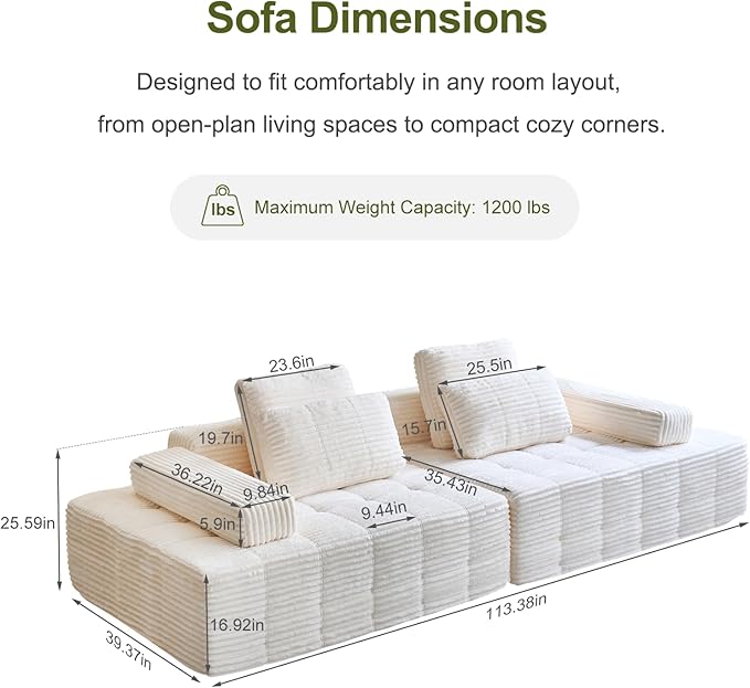 113 Modular Straight-Row Boneless Couch Memory Foam Floor Cloud Sofa with 2 Movable Armrests Plush Corduroy Sectional with Oversized Chaise for Living Room Apartment Lounge Beige