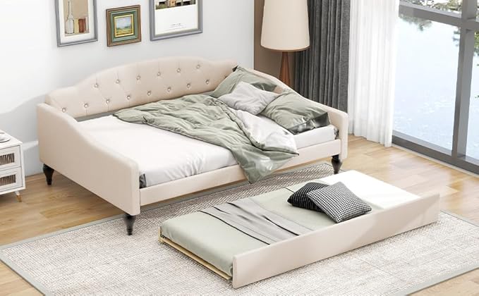 MERITLINE Upholstered Full Size Daybed Frame with Twin Size Trundle Modern Linen Button Tufted Daybed Wooden Full Sofa Daybed Frame for Living Room Bedroom No Box Spring Needed Beige