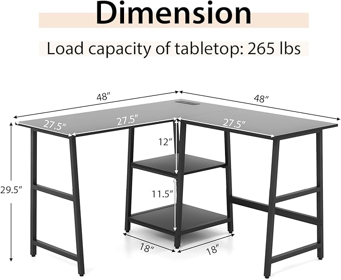 Tangkula 48” L Shaped Computer Desk Corner Study Writing Desk with Outlets &amp USB Ports Home Office Desk Computer Workstation with 2-Tier Shelf Executive Desk (Black)