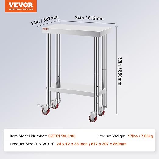Vevor Stainless Steel Work Table with Wheels 24 x 12 x 32 Inch Prep Table with 4 Casters Heavy Duty Work Table for Commercial Kitchen Restaurant Business : Industrial &amp Scientific