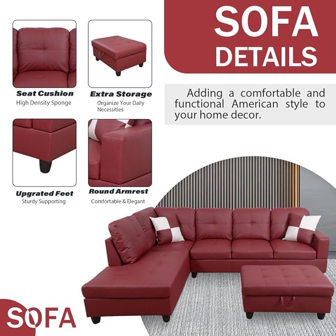 Red L-Shaped 3-Piece Faux Leather Sofa with Storage Ottoman Set Sectional Couch Leather-Like Sofa Set for Living Room Office Small Space