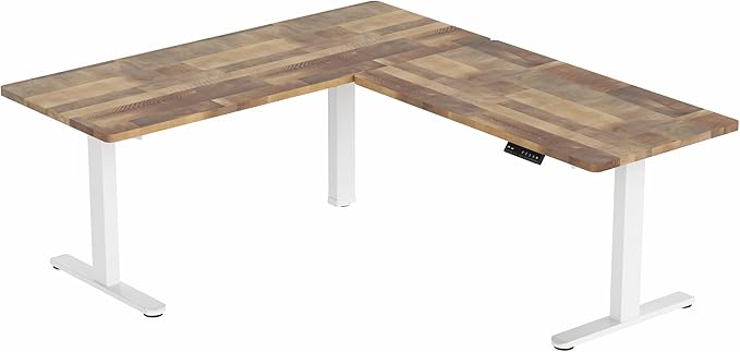 VIVO Electric Height Adjustable 67 x 60 inch Corner Stand Up Desk 2 Reclaimed Wood Solid Table Tops White Frame Memory Controller L-Shaped Workstation 3E Series DESK-KIT-3E6WP