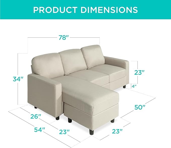 Best Choice Products Upholstered Sectional Sofa for Home Apartment Dorm Bonus Room Compact Spaces w/Chaise Lounge 3-Seat L-Shape Design Reversible Ottoman Bench 680lb Capacity - Beige