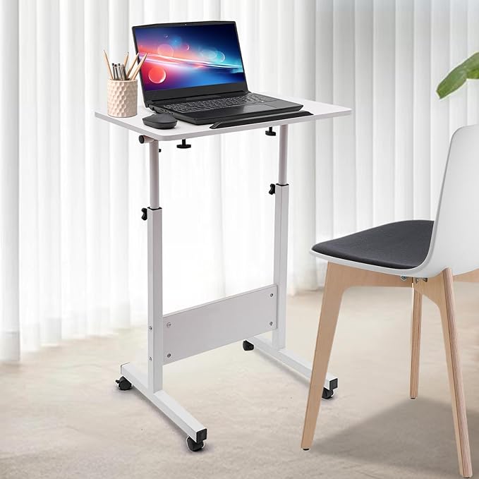 Adjustable Height Standing Desk with Tilting Desktop Computer Desk Laptop Desk 360° Swivel Wheels – Ideal for Home Office Study and Workspace (White 24 L x 16 W x 47 H)