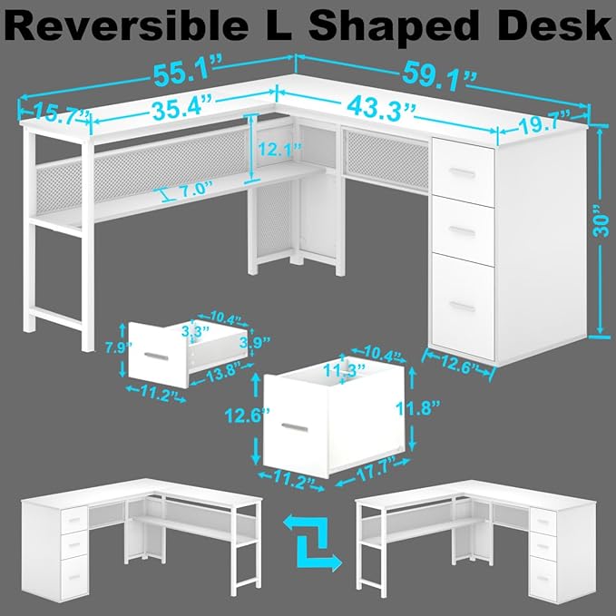 LVB White L Shaped Corner Desk with Drawers Reversible Modern L-Shaped Computer Desk with Storage Cabinet Shelves Large Wood Metal L Shape Home Office Desk for Work Study Writing Gaming 59 Inch