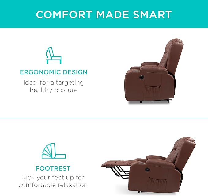 Best Choice Products PU Leather Electric Power Lift Chair Recliner Massage Chair Adjustable Furniture for Back Legs w/ 3 Positions USB Port Heat Cupholders Easy-to-Reach Side Button - Brown
