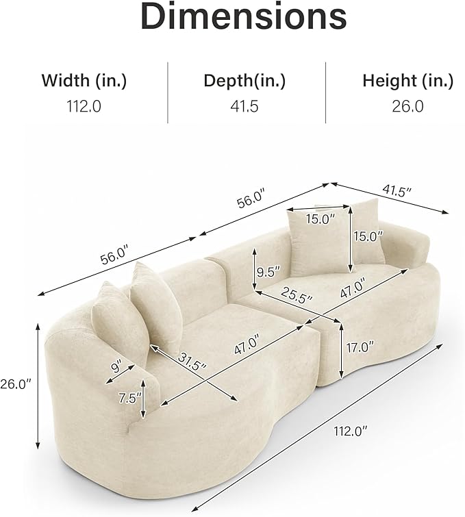 DEINPPA Oversized Modular Couch with 4 Pillows 4-Seater Curved Cloud Sofa Chenille Upholstered Comfy Couch for Living Room Apartment Office No Assembly Needed-Beige