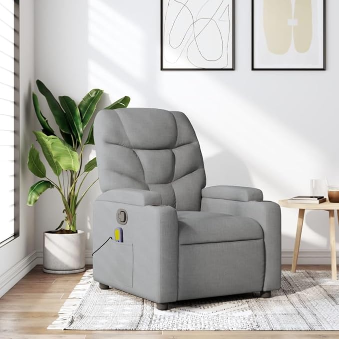 vidaXL Light Grey Fabric Massage Recliner Chair with Adjustable Armrests Built-in Functionality Perfect for Living Rooms and TV Watching