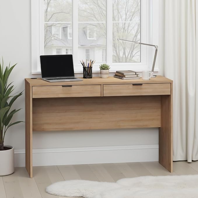Prepac 46 Writing Desk – Computer Desk with 2 Drawers Light Oak Office Desk for Home Office or Bedroom