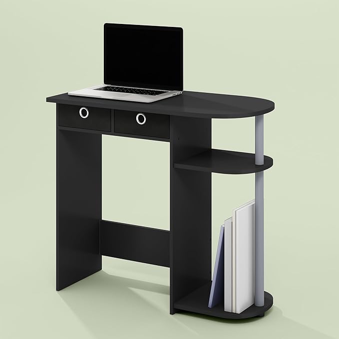 Ipoh Home Computer Desk 32 Inch Writing Desk Study Desk with Side Shelves and Bin Storage for Home Office Study Room Black/Grey