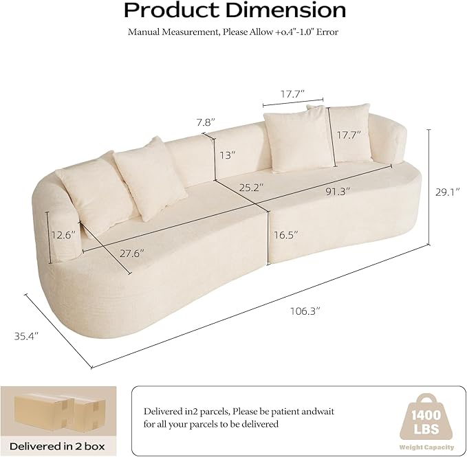 106 Modern Curved Boneless Sectional Couches for Living Room Luxury Chenille Fabric Oversized Modular Cloud Sofa with 4 Pillows Comfy Deep Seat Foam Couch in Box No Assembly (4 Seater Beige)