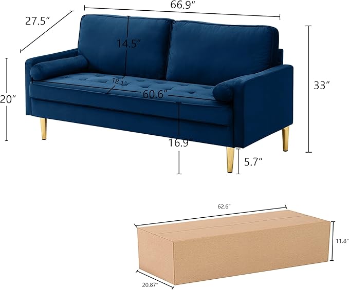 65'’ Velvet Upholstered Loveseat Sofa with Gold Metal Legs Modern Tufted Backrest Couch Solid Wood Frame for Living Room BedroomApartmentOfficeSmall Space (Navy)