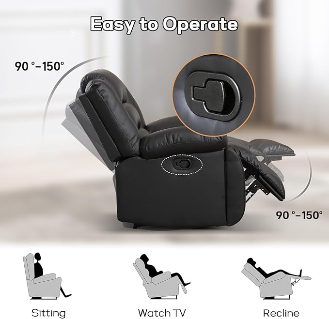 EBELLO Faux Leather Manual Reclining Sofa with 2 Concealed Cup Holders Overstuffed Armrest 3 Seat Recliner Sofa Couch for Living Room Meeting Room Bedroom Black