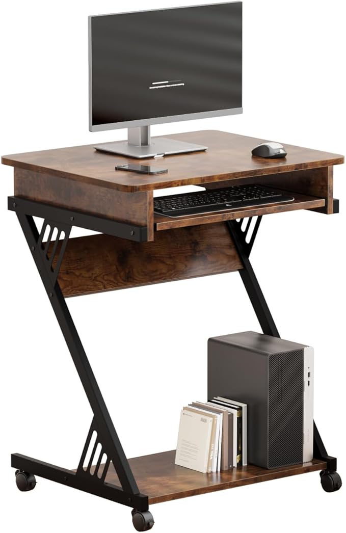 ALISENED 2 Tier Computer Desk with Keyboard Tray 23.6 Home Office Desk Computer Workstation Rolling Study PC Laptop Table for Small SpacesZ-Shaped Small Compact Study Table