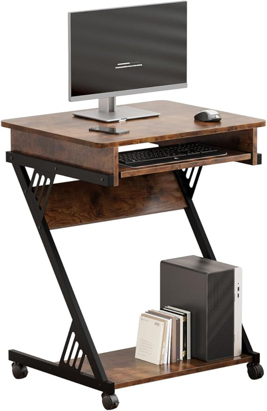 ALISENED 2 Tier Computer Desk with Keyboard Tray 23.6 Home Office Desk Computer Workstation Rolling Study PC Laptop Table for Small SpacesZ-Shaped Small Compact Study Table