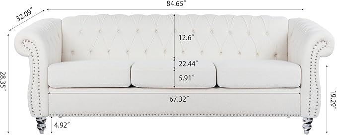 GDFStudio 85 Tufted Button Chesterfield Sofa with Deep Seat Cushions Rolled Arms &amp Gold Accent Strip 3-Seater Midcentury Modern Sofa for Living Room Classic Couch Furniture White + Polyester