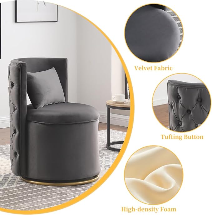 Swivel Accent ChairVelvet Round Storage Sofa Club Upholstered Barrel Modern Arm Chair for Nursery Living Room Hotel Bedroom Office Lounge Hotel Office (Gray)