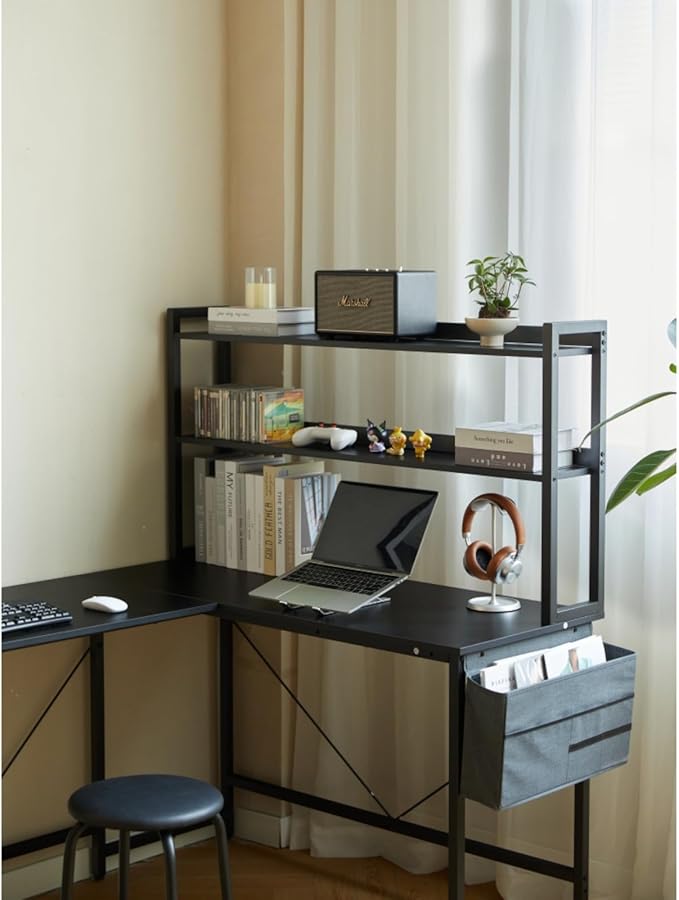 94.5 Inch Home Office Desk L Shape Gaming Desk with Storage Shelves and Padded Stool for Small Space Industrial PC Laptop Desk Corner Work Table with Large Countertop for School and Bedroom Black