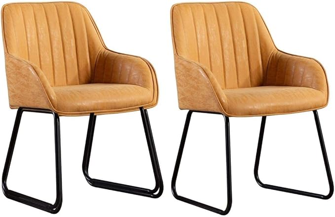 Vanity Art Mid Century Modern Accent Chair with Arms Upholstered Synthetic Faux Leather Chair for Living Room Bedroom Reading Area Comfy Dining Chairs Set of 2 (Yellow Tan) UC-15T