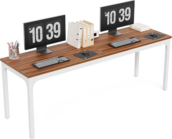 LITTLE TREE 78.7-Inch Ultra Long Double Desk Writing Gaming Work Computer Two-Person Desk for Home Office Walnut + White