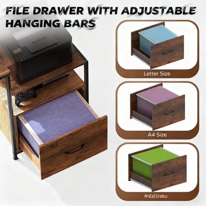 66.9'' Gaming Desk with 4 Fabric Drawers &amp File Cabinet Modern Computer Desk with Power Outlets and LED Lights Home Office Desk PC Desks for Home Office Study (Brown)