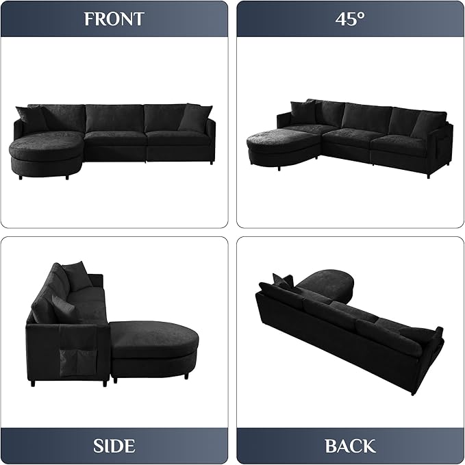 L Shaped Sectional Sofa Couch 106.7 Comfy Chenille 4 Seat Deep Seat Sofa Set with 2 Pillows &amp Convertible Ottoman Modern Modular Cloud Couch for Living Room Office Apartment Black
