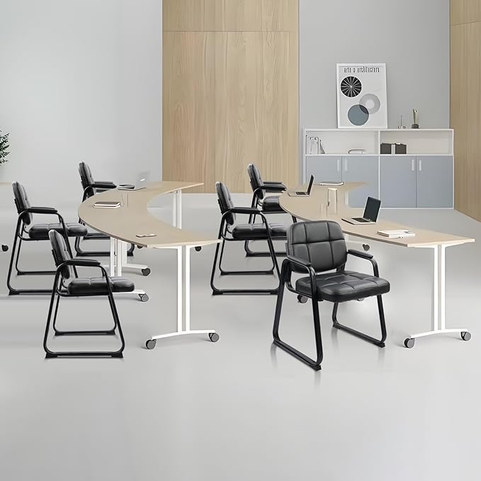CLATINA Leather Office Guest Waiting Room Chair with Sled Base Reception Chair No Wheels with Armrests and Lumber Support Stationary Desk Armchair for Meeting Conference Lobby Shool Black 4 PK
