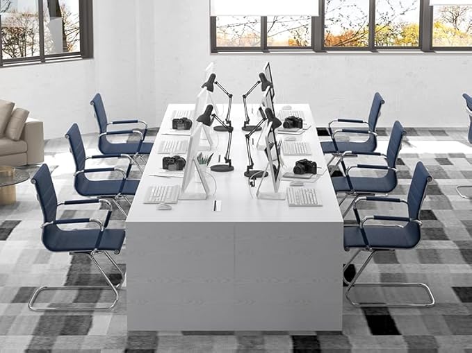 HNY Leather Office Guest Chairs &amp Reception Chairs Set of 6 Modern Waiting Room Chairs with Arms Desk Chair no Wheels with Sled Base for Waiting Room/Conference Room Navy